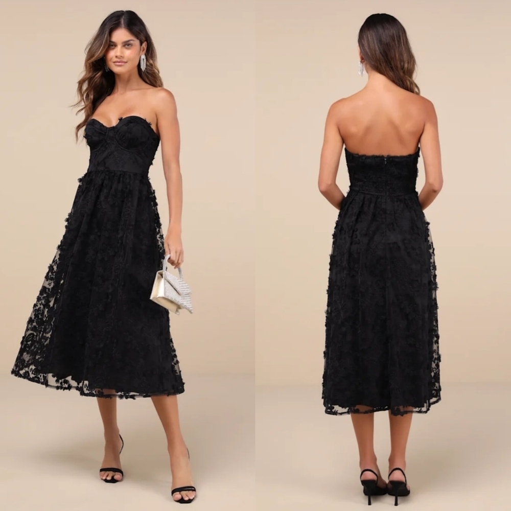 Lulus Quite Perfect Black Floral Embroidered Strapless Midi Dress S Wedding Prom